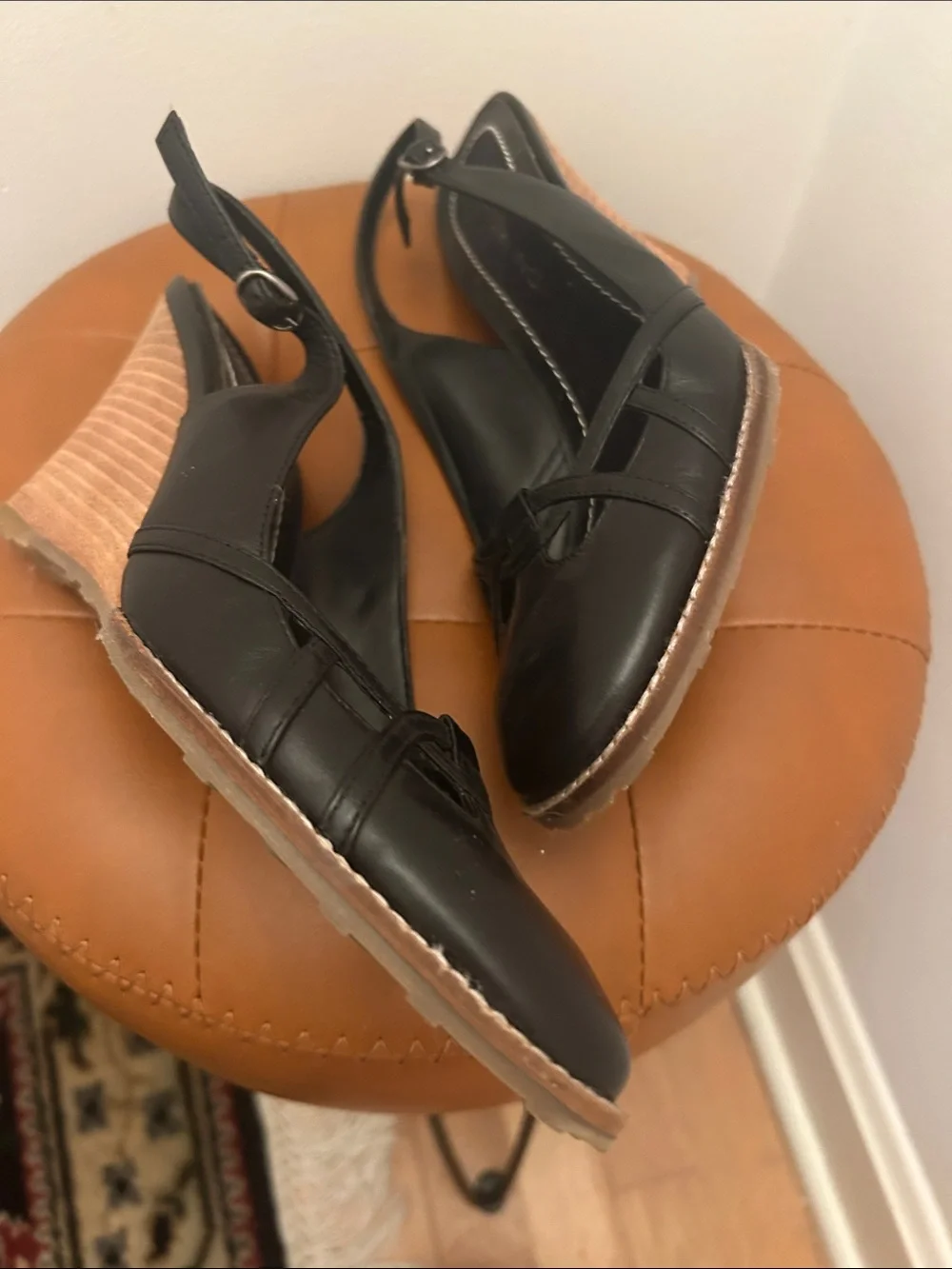 Bandolino Black Slingback Wedge Heels with Wood-Effect Heel
